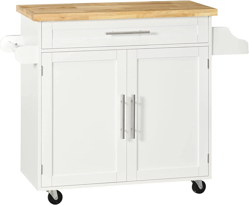 Carrello Da Cucina Con Cassetto, Portaspezie E Armadietto, 4 Ruote E Piano Di Lavoro in Legno, 109X40X89Cm, Bianco