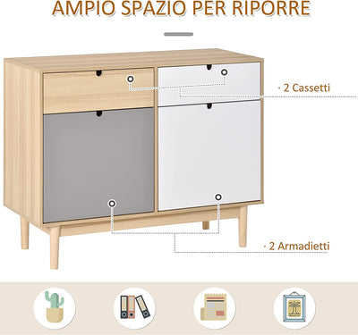 Mobile Multiuso Stile Nordico, Armadietto Due Ante Con Cassetti per Cucina E Ingresso, 100X40X79.5Cm, Multicolore