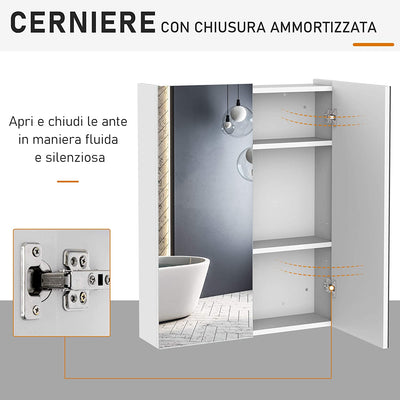 Armadietto Pensile Da Bagno Due Ante Frontali Con Specchiera E 2 Ripiani Interni MDF Bianco (60 X 15 X 75 Cm)