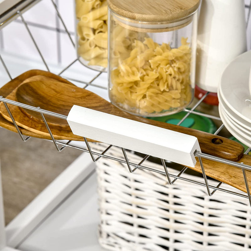 Carrello Da Cucina Con Cassetto E Cestini, Carrellino Porta Vivande Con Ruote Girevoli E Ripiano in Legno, 63X40X86Cm, Bianco