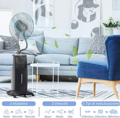 Ventilatore Nebulizzatore Con Telecomando Da 5M, Timer 12H E Oscillazione 70°, 3 Velocità, 3 Funzioni E Antizanzare, Tanica 3.1L, 90W, Ф44.5X135Cm Nero