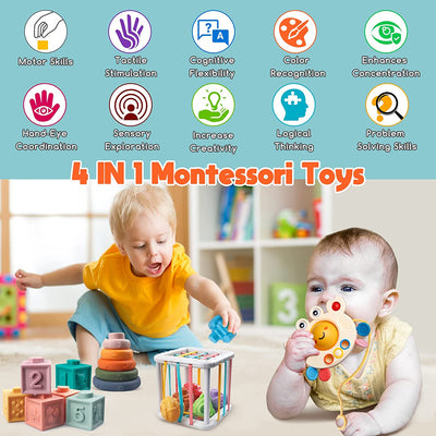 Giochi Montessori Neonato 6 Mesi - 3 Anno, 4 in 1 Gioco | Forme Sensoriali | Cubi Impilabili | Giochini Regalo Bambino E Bambina 6 9 12 Mesi 1 2 3 Anno