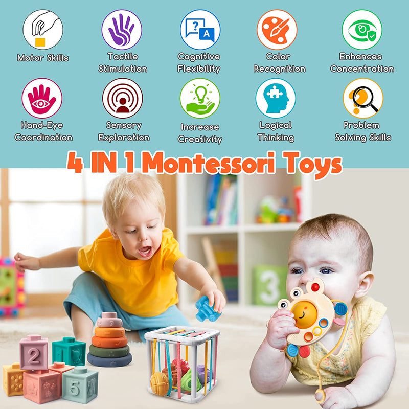 Giochi Montessori Neonato 6 Mesi - 3 Anno, 4 in 1 Gioco | Forme Sensoriali | Cubi Impilabili | Giochini Regalo Bambino E Bambina 6 9 12 Mesi 1 2 3 Anno