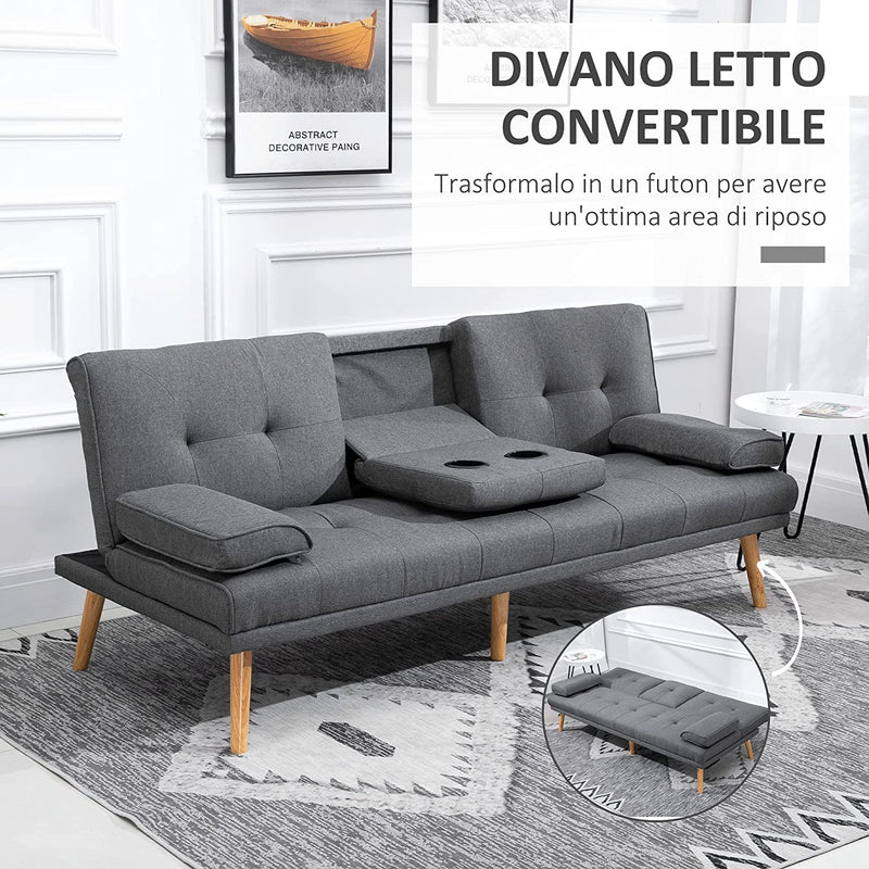 Divano Letto 3 Posti Reclinabile Con 2 Braccioli Staccabili E Tappetino Antiscivolo, in Tessuto Effetto Lino E Legno Di Pioppo, 181X77X78 Cm, Grigio Scuro