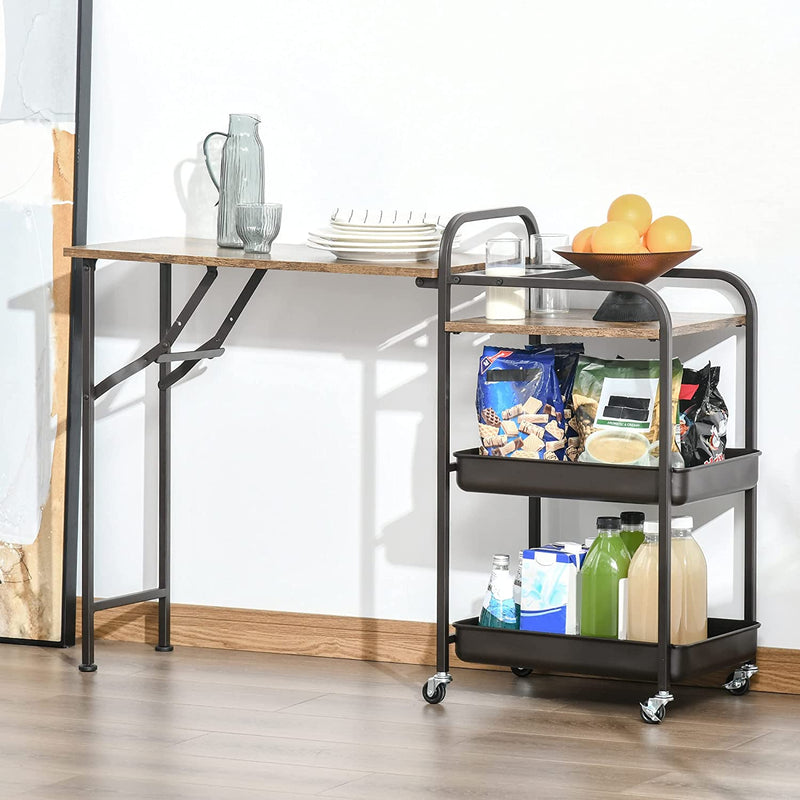 Carrello Da Cucina Stile Industriale 3 Mensole E Ripiano Pieghevole, Porta Tazze E 4 Ruote, 118X36.5X82Cm, Marrone