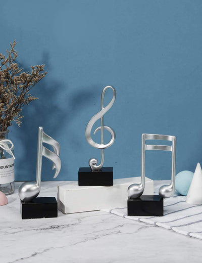 3Pcs Musical Note Scultura Statua Pianoforte Decorative Statuetta Resina Regali Argento 19Cm