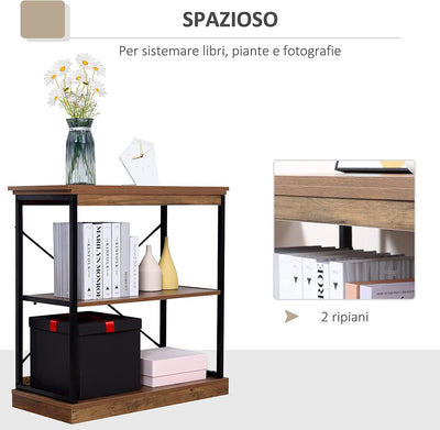 Scaffale Libreria in Stile Industriale, Mobile Multiuso in Legno Marrone E Metallo Nero, 80X36X81.3Cm