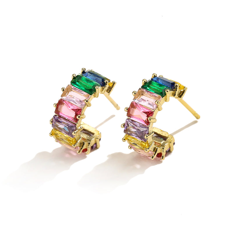 Multicolor Glass Diamond C-Shaped Earrings