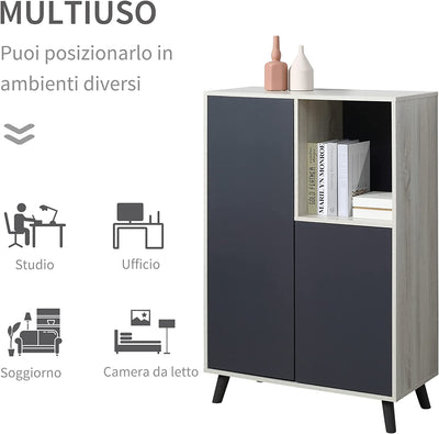 Libreria Moderna in Legno Con 2 Ante E Vano Aperto, Mobile Multiuso per Soggiorno, Camera Da Letto, Ufficio, Grigio Scuro