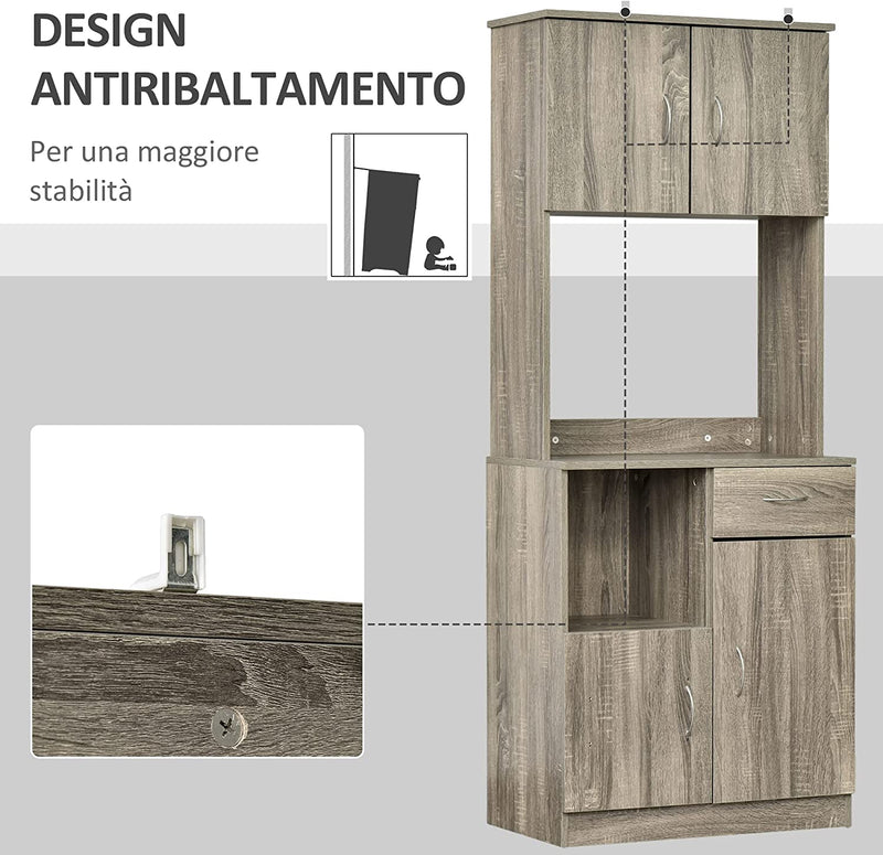 Credenza Moderna per Cucina O Sala Da Pranzo, Mobile Buffet Con Armadietti E Cassetti in Legno, Grigio, 71X41X178Cm