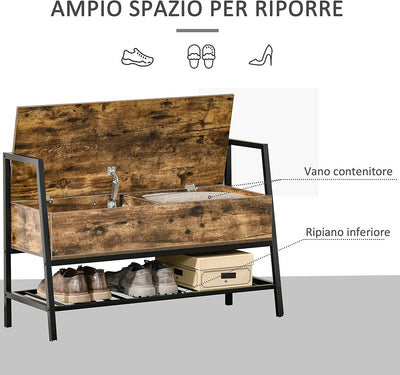 Mobile Scarpiera in Stile Industriale Con Vano, Panca Scarpiera Vintage Salvaspazio in Legno E Metallo, Marrone Rustico, 90X37X60Cm