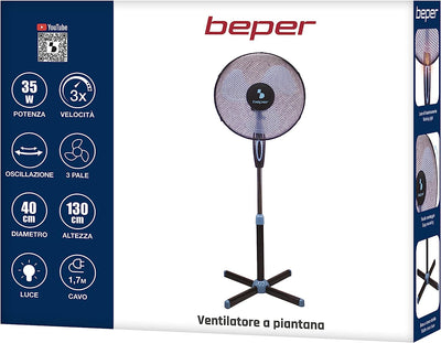 P206VEN100 Ventilatore a Piantana, 35 Watt, Metallo /ABS, Diametro 40 Cm, 3 Pale,3 Velocità, Oscillazione E Inclinazione Regolabile, Nero