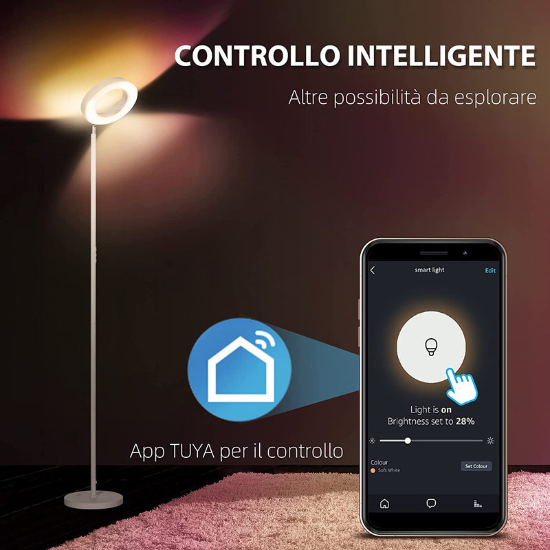 Lampada Da Terra Compatibile Con Alexa E Google Home, Con Luce RGB a Doppia Illuminazione, in Acciaio, Φ25X168 Cm, Bianca