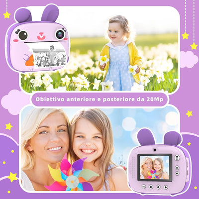 Camera Istantanea per Bambini, Con 3 Rotoli Di Carta Termica E Scheda SD Da 32 G, Fotocamera Fotografica Istantanea, Regalo per Ragazze E Ragazzi (Viola)