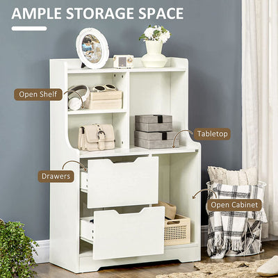 Mobile Dispensa in MDF Con 2 Cassetti E Ripiani Aperti, Mobiletto Multiuso per Soggiorno, Ingresso E Cucina, 73X35X110 Cm, Bianco