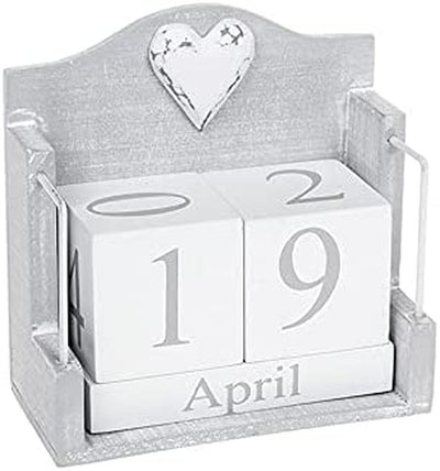 Provence - Calendario Perpetuo Grigio Con Decorazione a Forma Di Cuore Bianco Shabby Chic, 12 X 12 X 6 Cm