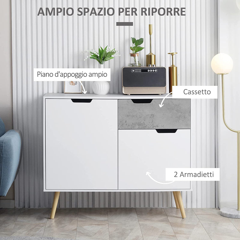 Mobile Da Salotto Con 2 Armadietti a 2 Ante E Cassetto, Credenza Moderna Mobiletto Multiuso in Truciolato E Legno Di Pino, 98X39X81.5 Cm, Grigio E Bianco