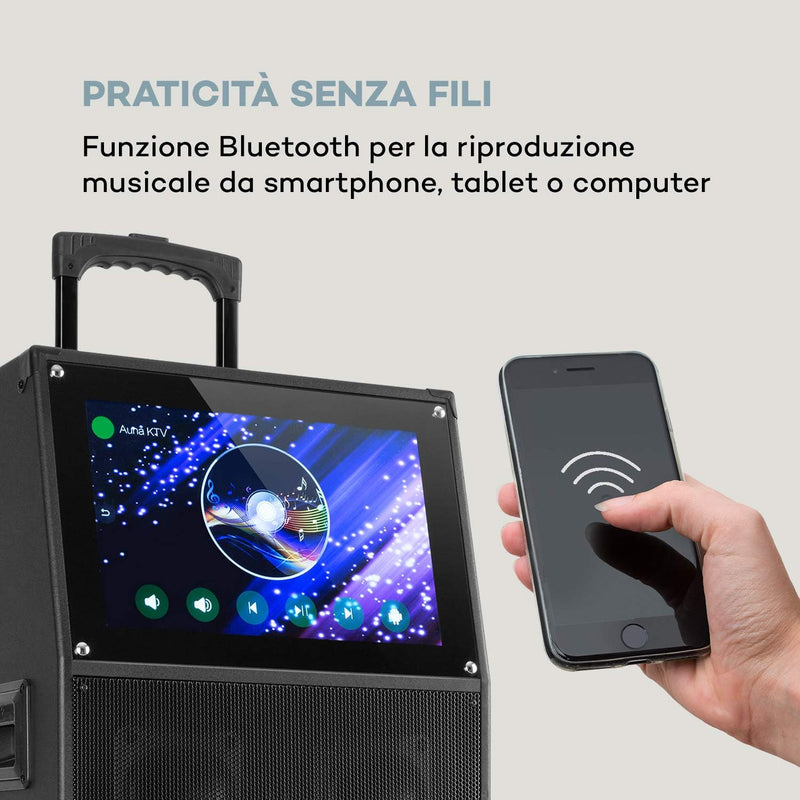 Pro KTV - Cassa Karaoke, Con 2 Microfoni UHF Senza Fili, Display Touch, Wifi, Bluetooth, 2X Porte USB, SD & Micro-Sd, HDMI, AUX, Batteria, Presa Trolley, Eco, Telecomando, 2 Prese Di Trasporto