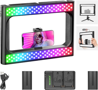 Luce LED RGB Anulare per Selfie, 360° Full Color, Con Stabilizzatore Video Rig per Smartphone, 2500-10000K CRI97+, Con Batterie & Caricatore per Produzioni Fillm Tiktok Truccatura Youtube Vlog