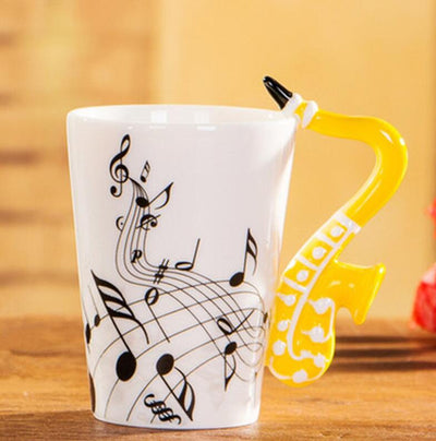 Coffee Cup with Music Notes in the Form of Saxophone Handle Ceramic Porcelain Cup of Tea Milk Method