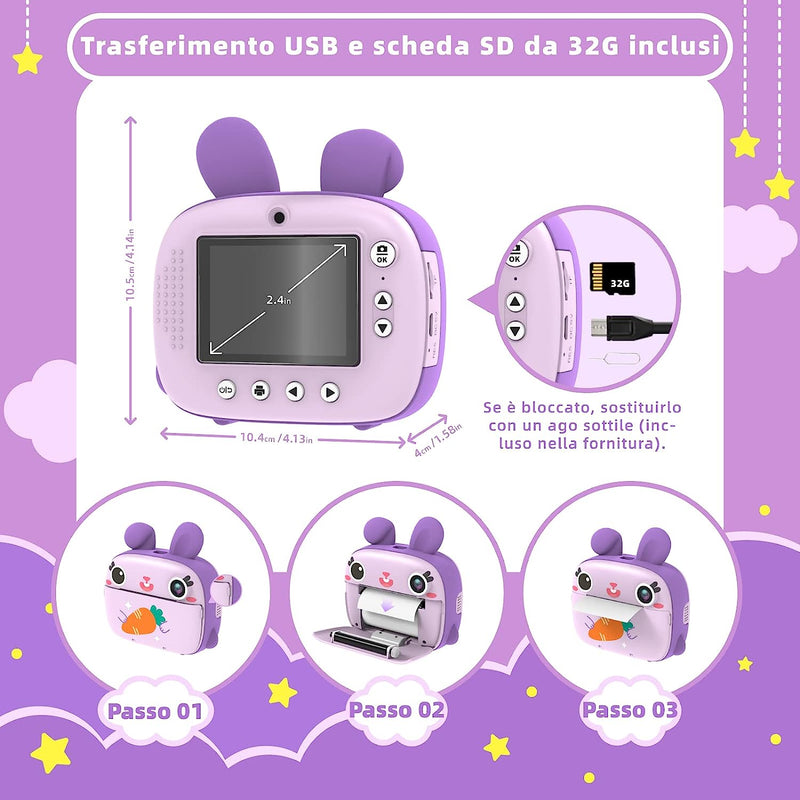 Camera Istantanea per Bambini, Con 3 Rotoli Di Carta Termica E Scheda SD Da 32 G, Fotocamera Fotografica Istantanea, Regalo per Ragazze E Ragazzi (Viola)