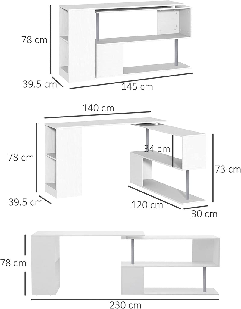 Scrivania Moderna, Angolare E Girevole Con Libreria per PC, Camera O Ufficio, Tavolo Da Pranzo in Truciolato Bianco, 140X120X78 Cm