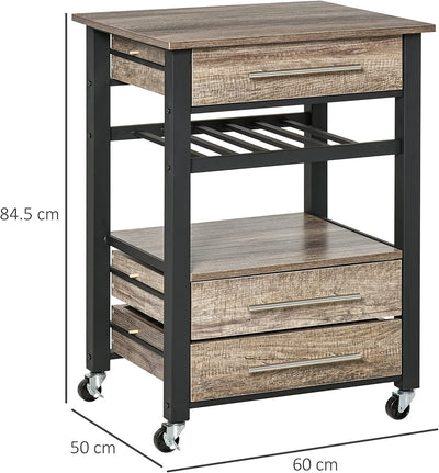 Carrello Da Cucina Portavivande Con 3 Cassetti E Mensola, Mobiletto Multiuso in Legno Truciolare, 60X50X84.5Cm, Quercia