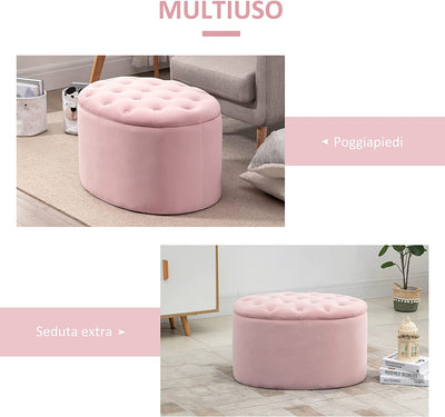 Pouf Contenitore Con Coperchio Imbottito E Trapuntato, Poggiapiedi in Velluto Ovale per Salotto E Camera Da Letto, Rosa