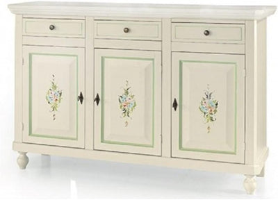 - Credenza Soggiorno, Base in Legno Di Pioppo Bianco Decorato Shabby Chic, Credenza Arte Povera, Mobile Soggiorno Con 3 Porte Made in Italy - Mis. 150X43X98H