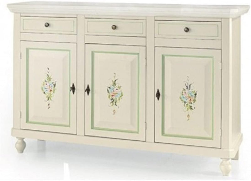 - Credenza Soggiorno, Base in Legno Di Pioppo Bianco Decorato Shabby Chic, Credenza Arte Povera, Mobile Soggiorno Con 3 Porte Made in Italy - Mis. 150X43X98H