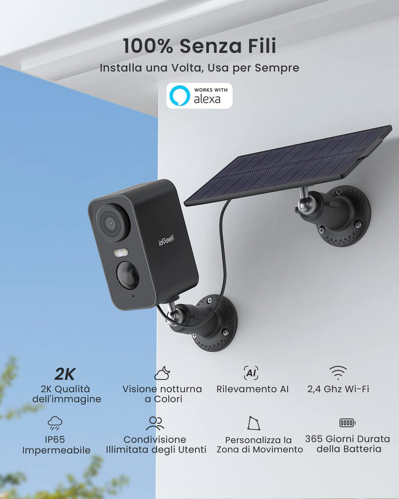 2K Telecamera Wi-Fi Esterno Batteria Senza Fili, Videocamera Sorveglianza WIFI Con Pannello Solare, Visione Notturna a Colori, Rilevamento PIR/AI, 2 Vie Audio, Funziona Con Alexa/Cloud, IP65