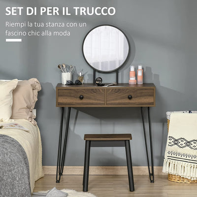 Tavolo per Trucco in Stile Industriale, Set Tavolo Toeletta Con Sgabello E Specchio per Trucco, Postazione Makeup in Legno E Metallo per Camera