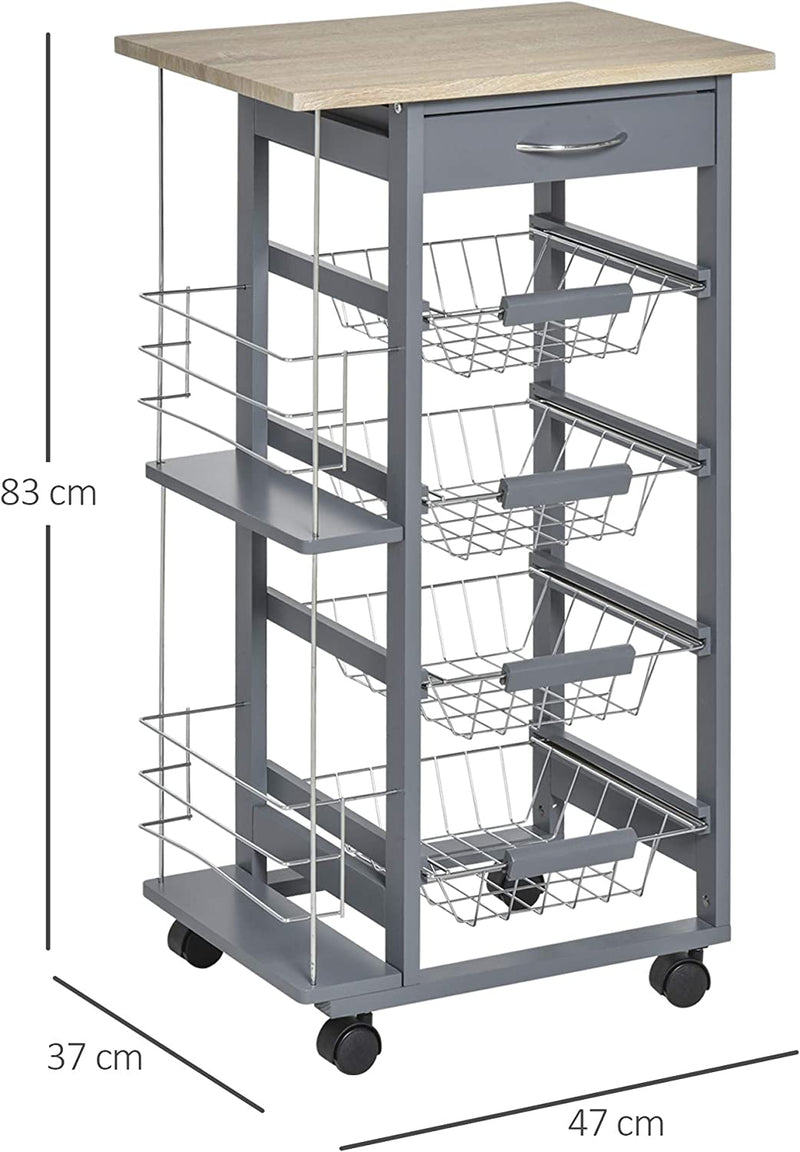 Carrello Da Cucina Salvaspazio in Grigio Scuro, Portavivande Con 1 Piano Di Lavoro 1 Cassetto E 4 Cestelli Metallici, 47X37X83Cm