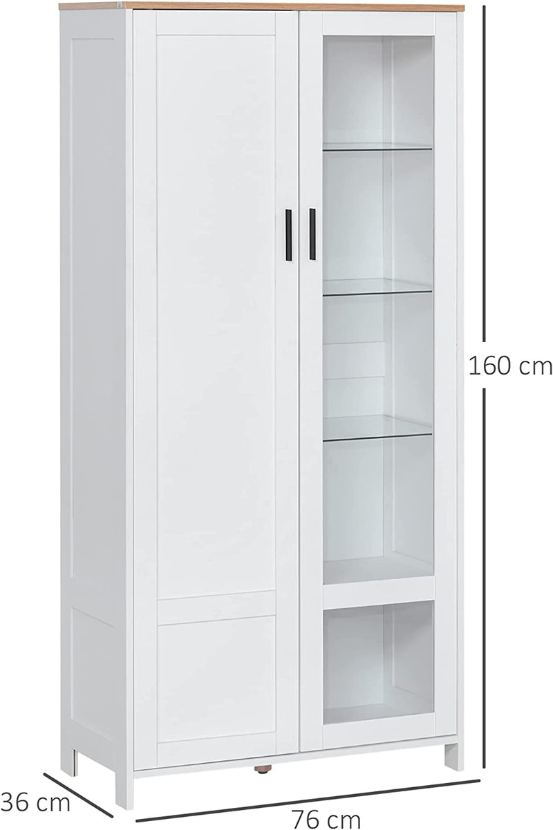 Credenza Moderna a 2 Ante Con 7 Mensole Regolabili, Madia Con Anta in Legno E Vetro, 76X36X160Cm, Bianco