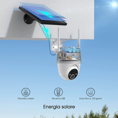 2K Telecamera Wi-Fi Esterno Senza Fili Con Pannello Solare, 360° PTZ Videocamera Sorveglianza Wifi Con Visione Notturna a Colori 15M, Rilevamento Umano PIR, 2 Vie Audio, Sirena,Ip65