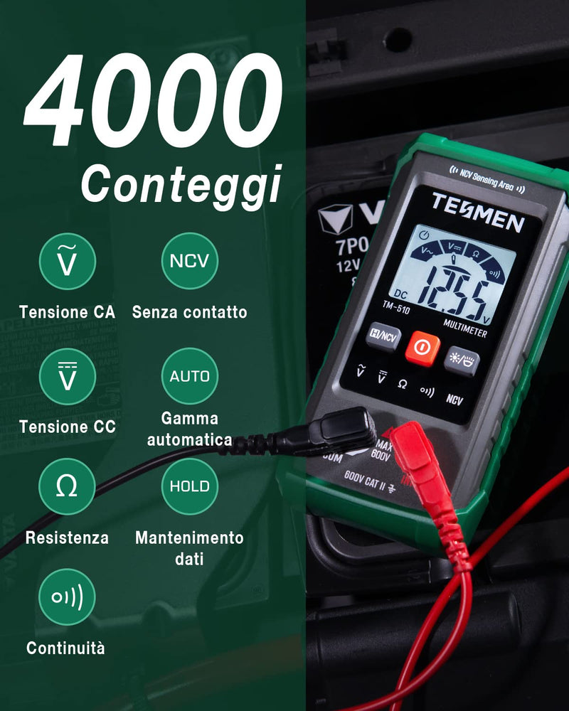 TM-510 Multimetro Digitale, 4000 Conta Tester Elettricista, Misurazione Smart, Autoranging, Senza Contatto, Misura Tensione AC/DC, Resistenza, Continuità – Verde