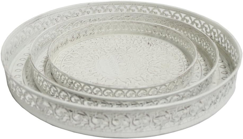 DRULINE Vassoio Rotondo Metallo Casa Campagna Vintage Antico Ripiano Marrone Shabby Chic - Bianco, Set Da 3