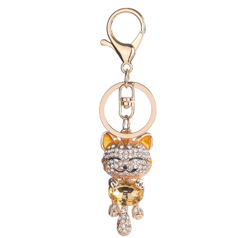 Fashion Enamel Lucky Cat Crystal Keychain Alloy Keyring for Women Party Gift Key Chains