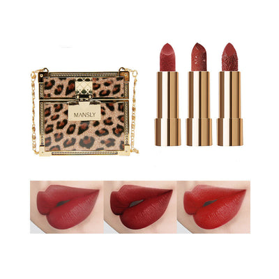 Fashion Small Sachet Mousse Lipstick Leopard Print Chain with Small round Mirror Set