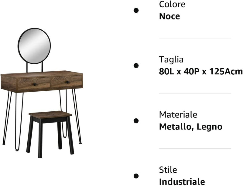 Tavolo per Trucco in Stile Industriale, Set Tavolo Toeletta Con Sgabello E Specchio per Trucco, Postazione Makeup in Legno E Metallo per Camera