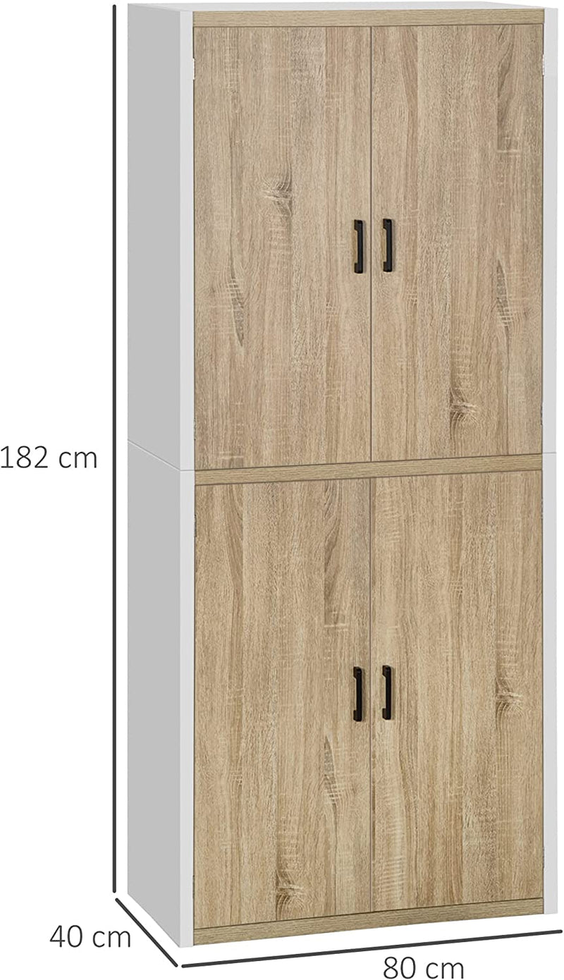 Dispensa Cucina in Legno MDF Con 4 Ripiani Regolabili, 4 Porte E Dispositivo Antiribaltamento, 80X40X182Cm, Color Legno E Bianco