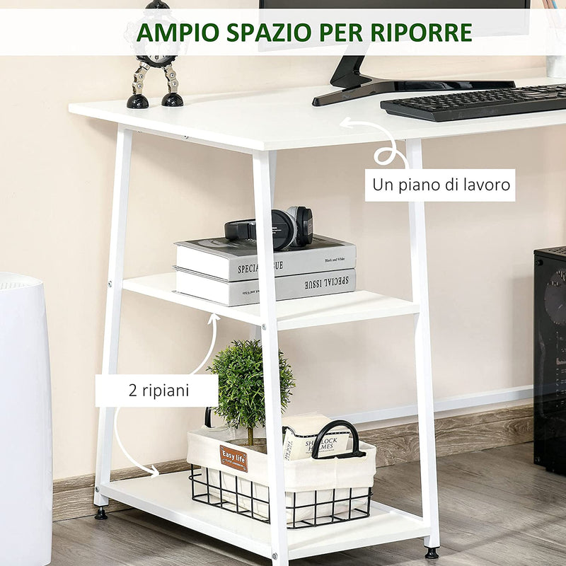 Scrivania Moderna per Camera E Ufficio Con 2 Ripiani Laterali, Scrivania Porta PC in Legno E Acciaio, 120X60X76Cm, Bianco