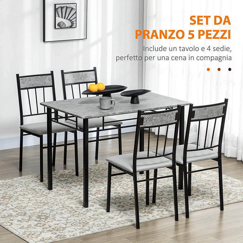 Set Tavolo E Sedie 5Pz, Tavolo Da Pranzo Rettangolare in Metallo E MDF E 4 Sedie Da Pranzo Con Seduta Imbottita in Gommapiuma E Poliestere