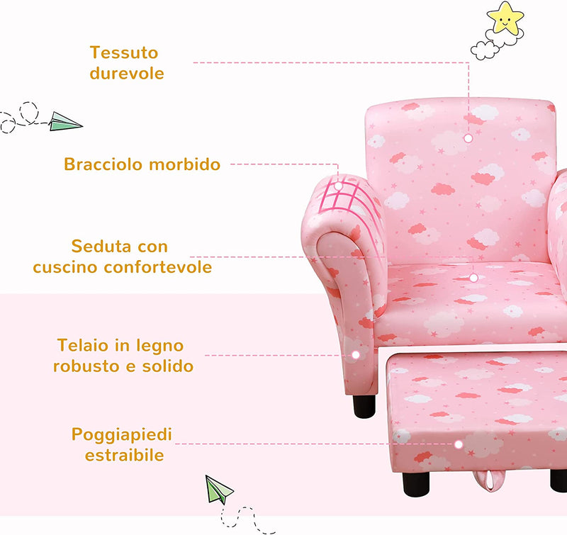 Poltroncina per Bambini Con Poggiapiedi Estraibile, Struttura in Legno Con Imbottitura, 57X42X45Cm, Rosa E Bianco