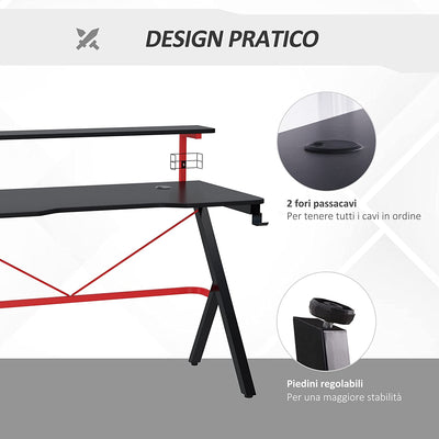 Scrivania Da Gaming Con Ripiano Monitor, Scrivania per Computer Porta PC Con Gancio E Portabicchieri Nera E Rossa, 120X60X97Cm