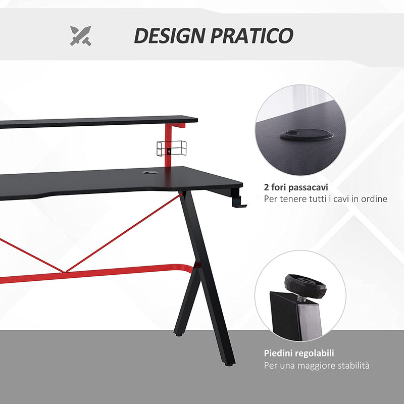 Scrivania Da Gaming Con Ripiano Monitor, Scrivania per Computer Porta PC Con Gancio E Portabicchieri Nera E Rossa, 120X60X97Cm