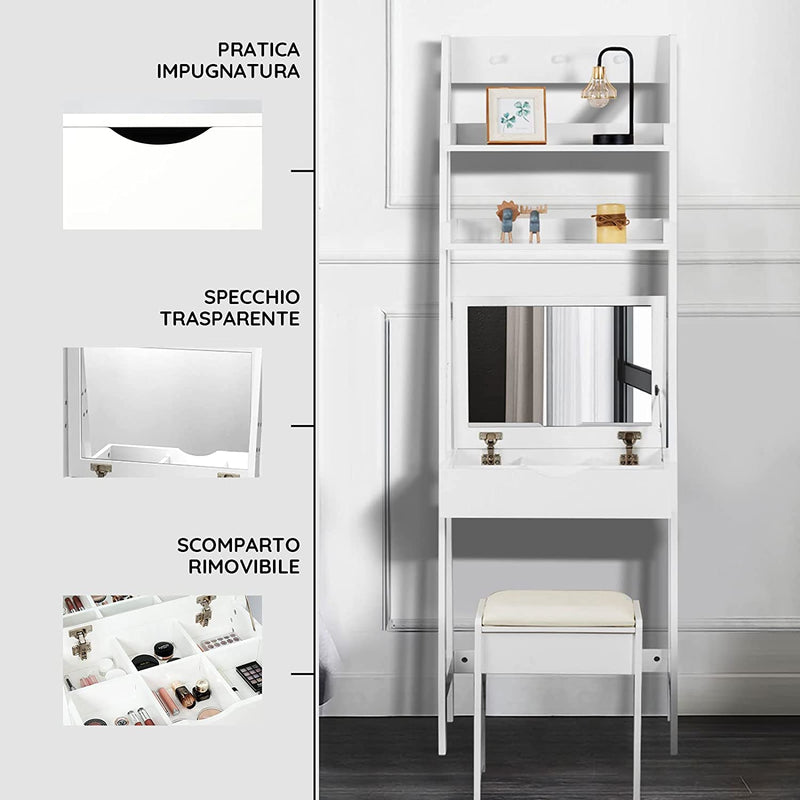 Toeletta per Camera Da Letto, Mobile Da Trucco, Tavolo Da Toeletta Con Specchio, 60X40X180Cm, Bianco