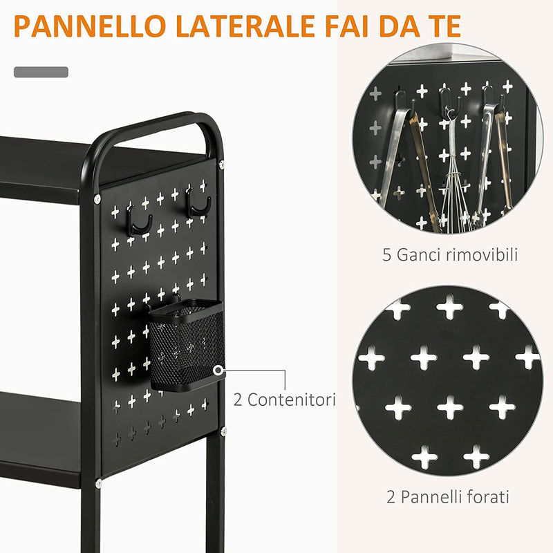 Carrello Portavivande a 3 Livelli Con Spazio Multiuso, Maniglie E 4 Ruote Girevoli, in Acciaio E Plastica PP, 70X33.4X80.5Cm, Nero