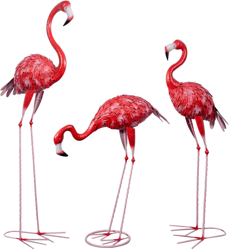 Flamingo Garden Statue E Sculture, 3 Pz Metallo Grande Rosso Flamingo Uccelli Figure Yard Art Ornamenti per Giardino Patio Prato Backyard Decor (Rosso)