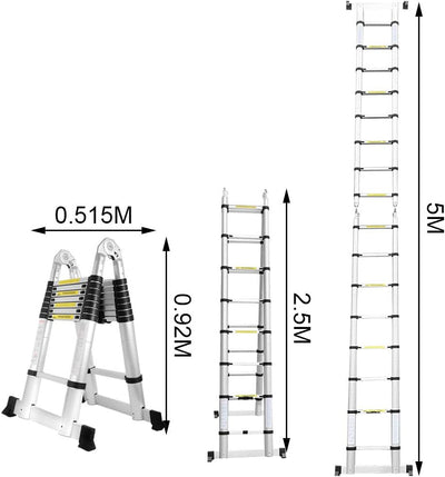 Scala Telescopica in Alluminio, Allungabile, Antiscivolo, Multifunzionale, Portatile, Portata Massima 150 Kg, 5 M (2,5 + 2,5 M)